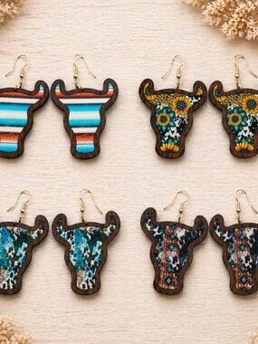 Western Wooden‎ Bull Head Earrings Lightweight Boho Southwestern NWT